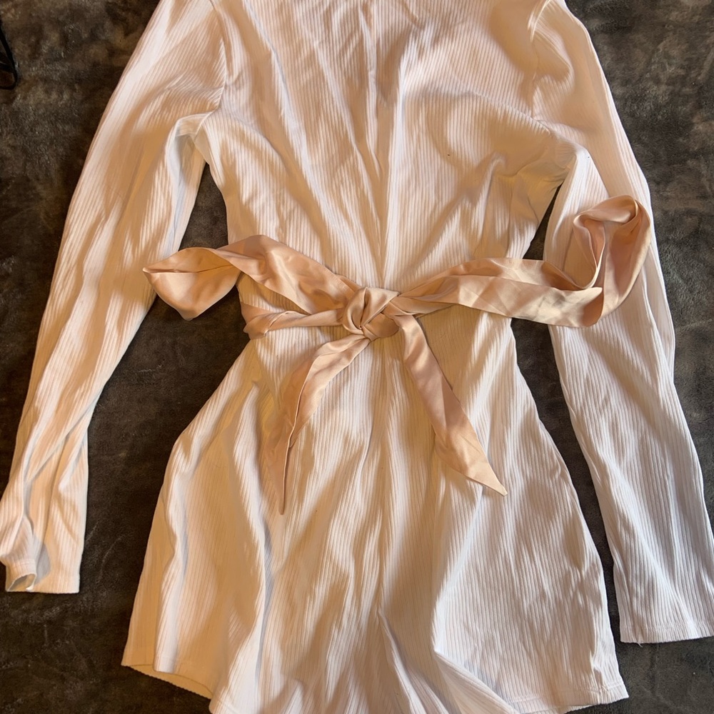 Victoria’s Secret White Long Sleeved Wrap Top Romper with Blush Ribbon Tie